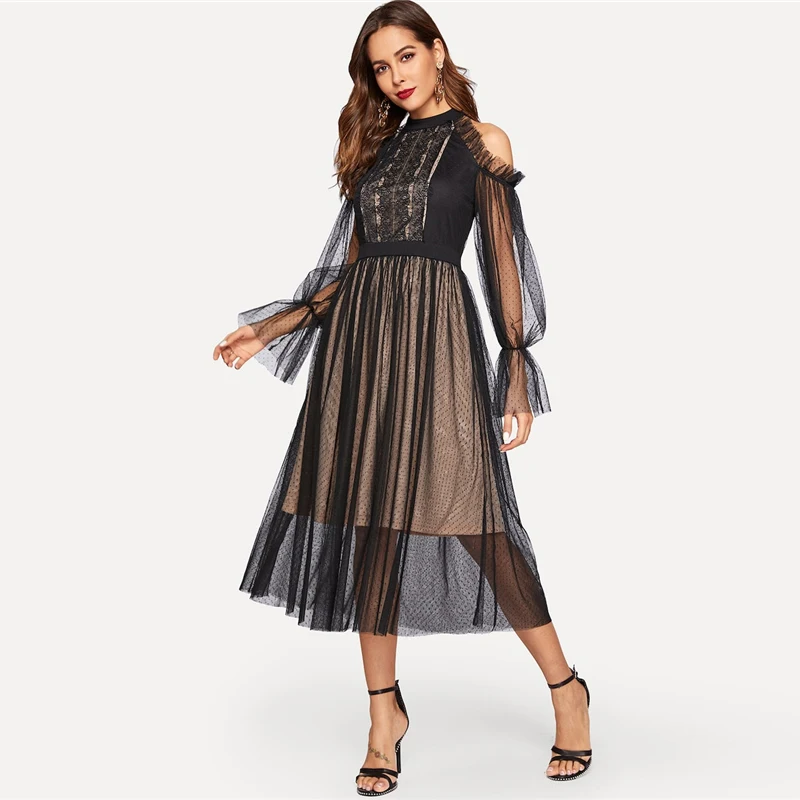 SHEIN Платье С Оборкой И Кружевом Платье С Открытым Плечом Кружевное Платье с Рюшами С Воротником-стойкой С Высокой Талией Элегантные Осенние Платья