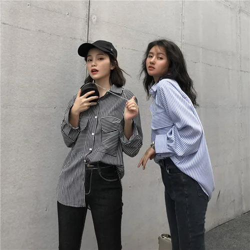 Женские топы с длинными рукавами в стиле ретро полосатая рубашка отложным