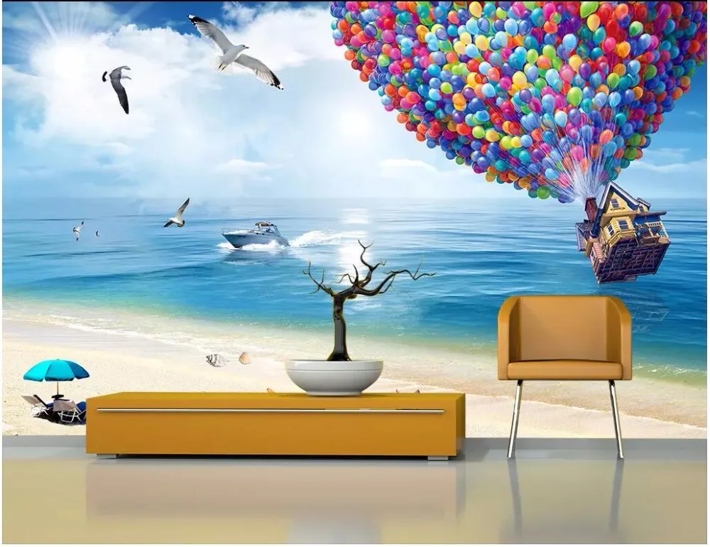 

custom mural photo 3d wallpaper Blue sky white clouds balloon sea beach scenery 3d wall murals wallpaper for living room