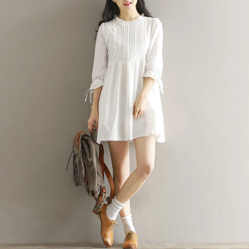 

Women White Lace Summer Dress Fashion Strap Long Sleeve Tie Straps Loose Dress