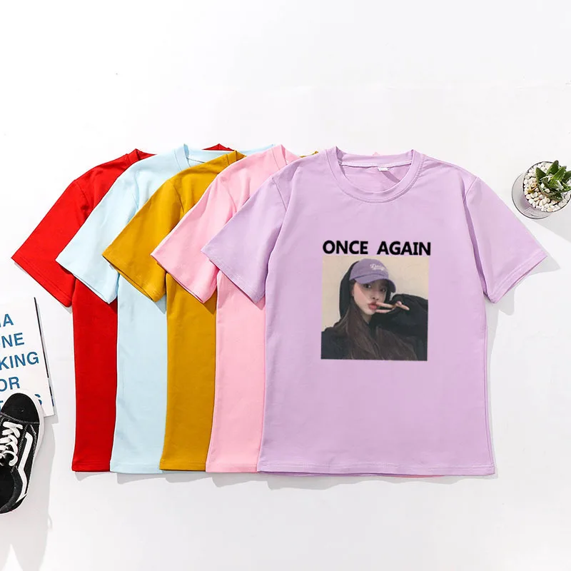 

ONCE AGAIN Print Women T shirts Spring Summer Short Sleeve O Neck Cotton Spandex Women Tops Tees Slim Fit Women T-shirts
