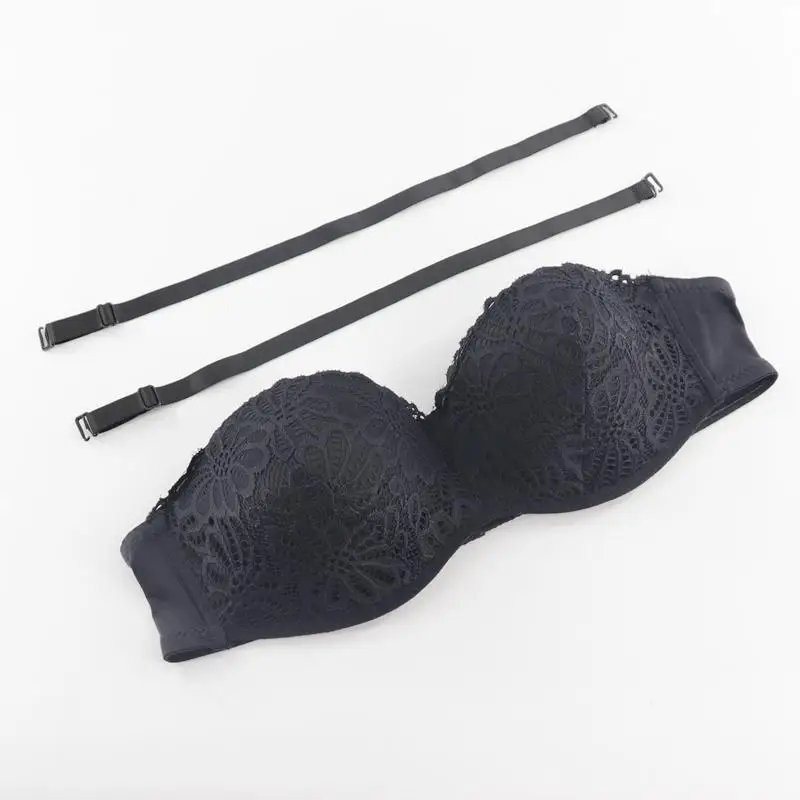 Черный Women Lace Push Up Bra Strapless Invisible Padded Bralette Sexy Half Cup Underwear Intimates Large Size 90-105B - Цвет: Черный