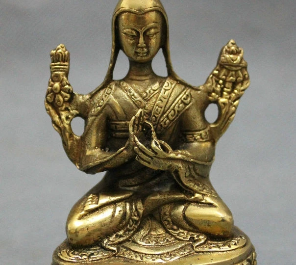 Тибетский буддизм Чистая латунь защита Lotus Tsongkhapa Будда Joss статуя сиденья | Дом и