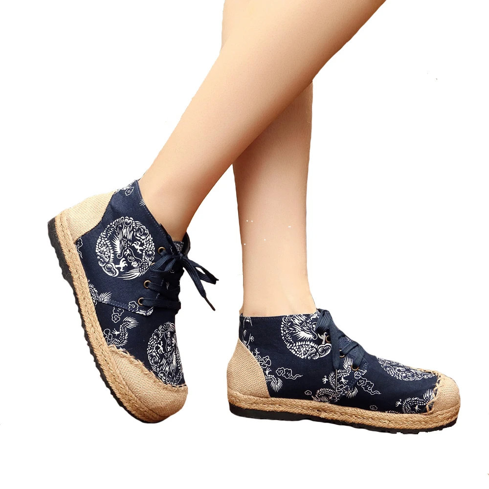 Women Shoes Vintage Dragon Print Embroidered Cotton Linen Canvas Cloth Single National Woven Round Toe Lace Up Flats