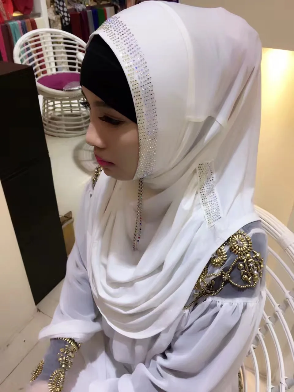 Женский хиджаб мусульманский шарф с бриллиантами и капюшоном мгновенная шапка