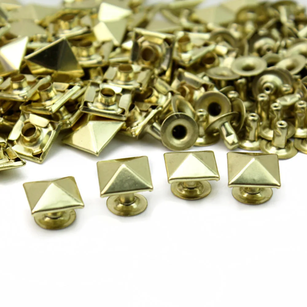 50pcs/Lot 10mm Metal Gold Tone Square Pyramid Rivet Studs Spikes Punk Rock DIY Bags Shoes Clothes Decor Leathercraft New | Дом и сад