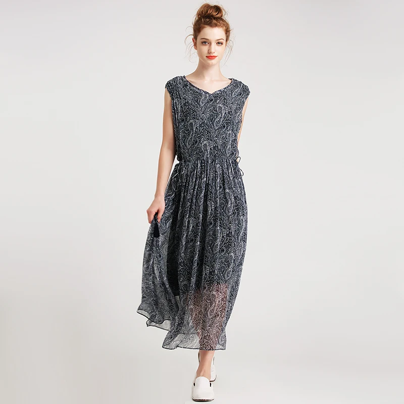 Женское длинное платье из 100% шелка плиссированное летнее в английском стиле с v