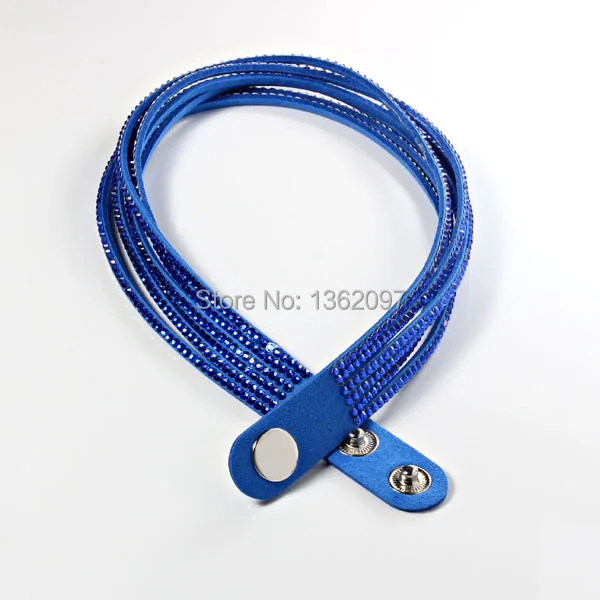 fashion royal blue crystal unisex slake leather snap bracelet with rhinestones retail 5pcs/lot free ship | Украшения и аксессуары