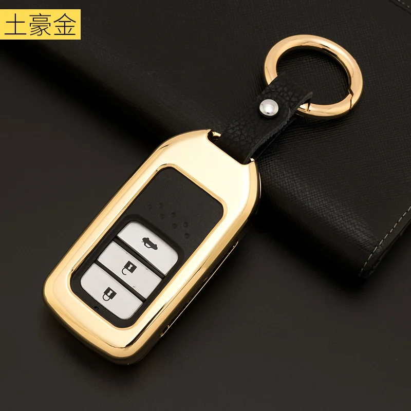 Free Shipping Zinc Alloy + leather Key Cover Case Shell For Honda Fit HR-V Accord CIVIC 3buttons car Chain Metal Smart Keychain |