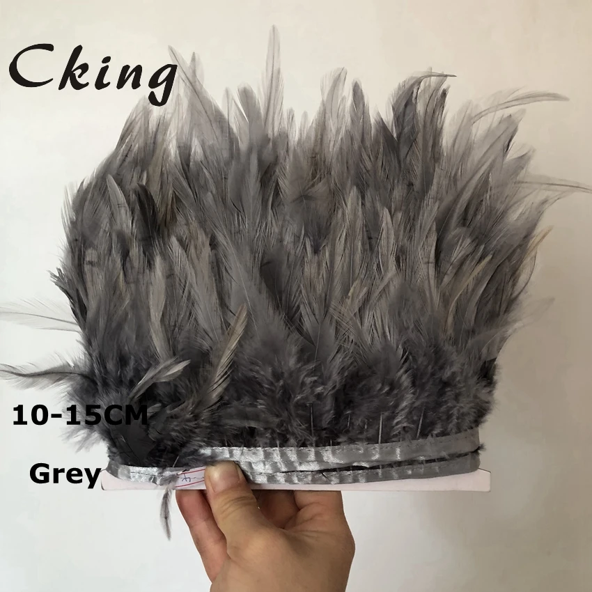 

Cking Grey Dyed saddle feather trim 10-15cm 4-6inch width rooster chicken feather strips lace fringe for cloth costumes decorate