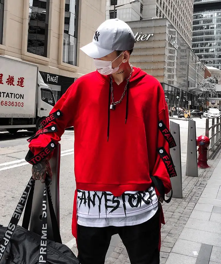 Мужская толстовка с капюшоном в стиле хип-хоп лентами | одежда