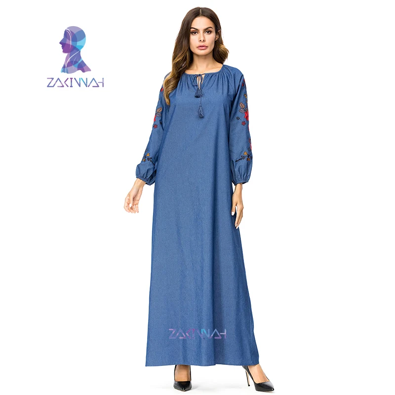 7307 длинные женские платья с вышивкой Abayas синее Макси мусульманское джинсовое