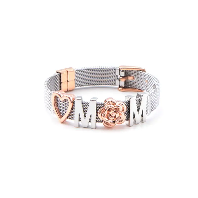 Vinnie Design Jewelry Mother's Day Gift New Arrival Stainless Steel Love MOM Mesh Charm Bracelet Set with 4pcs Slide Charms Bead |