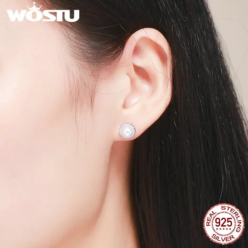 Женские серьги гвоздики WOSTU Классические круглые из стерлингового серебра 925