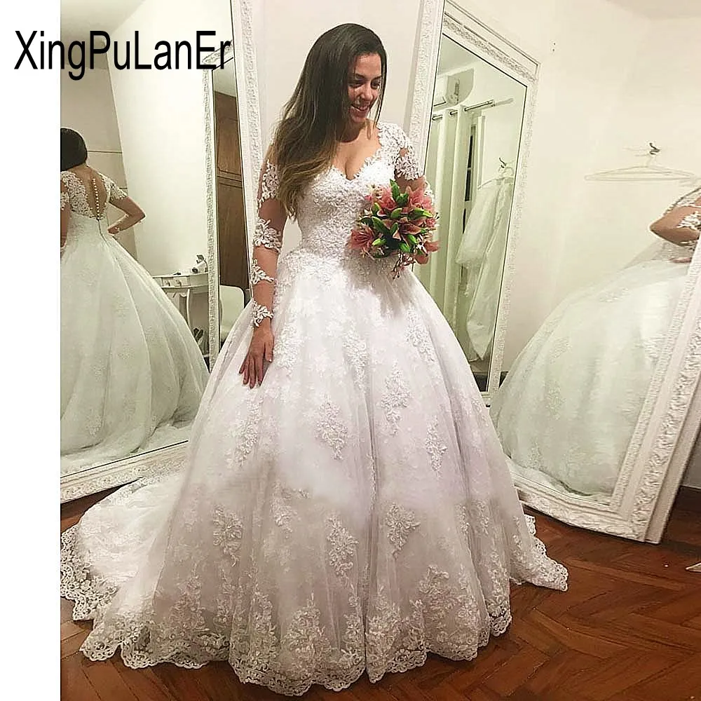 

Luxury Ball Gown Vestido De Casamento Full Sleeve Wedding Dress Bridal Gown Custom Made Lace Appliques Backless Custom Made Size