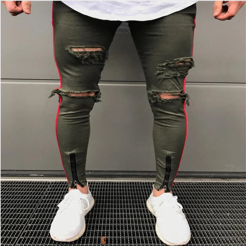 

American style high street men's jeans slim personality ripped knee bottom zipper small feet long cotton hole pants dropshipping