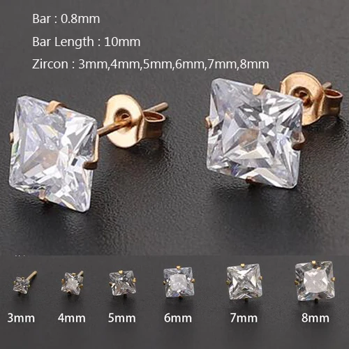 2 шт. квадратные серьги гвоздики из нержавеющей стали с прозрачным цирконием