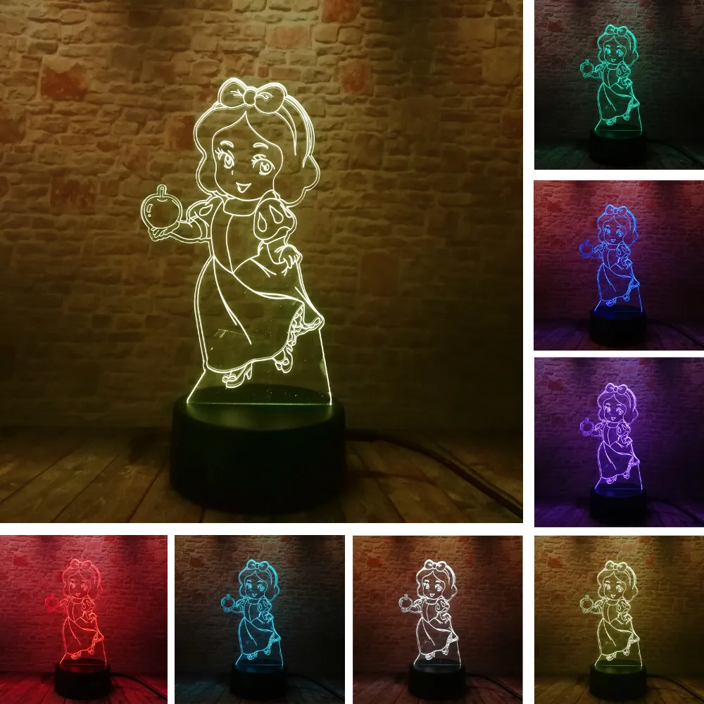 3D модная лампада Принцесса Белоснежка Иллюзия ночник lLight RGB 7 цветов Изменение LED