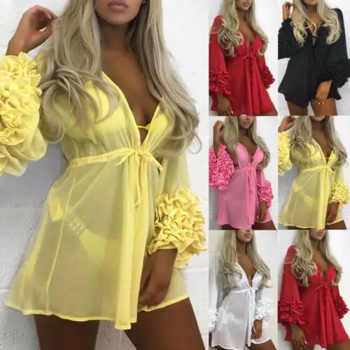 

Summer Women Swimsuit Bikini Cover Up Kaftan Sarong Sexy Beach Cover Ups Chiffon Dress Elegant Solid Beach Bathing Suit tunic