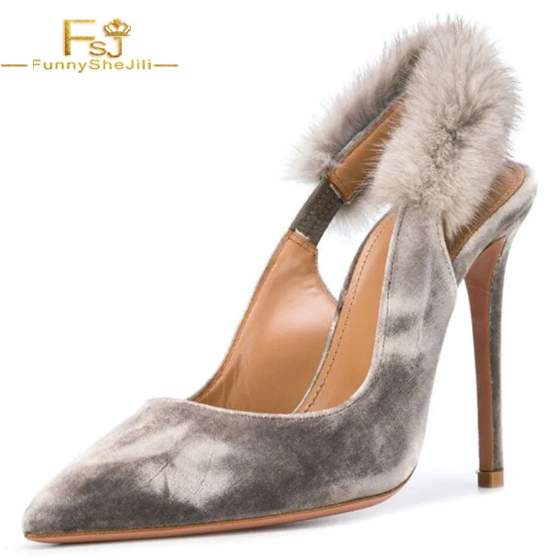 

FSJ Grey Furry Stiletto Heel Elastic Band Slingback Women Pumps Pointy Toe Suede Ladies Office Banquet Dress Shoes 2021 Autumn