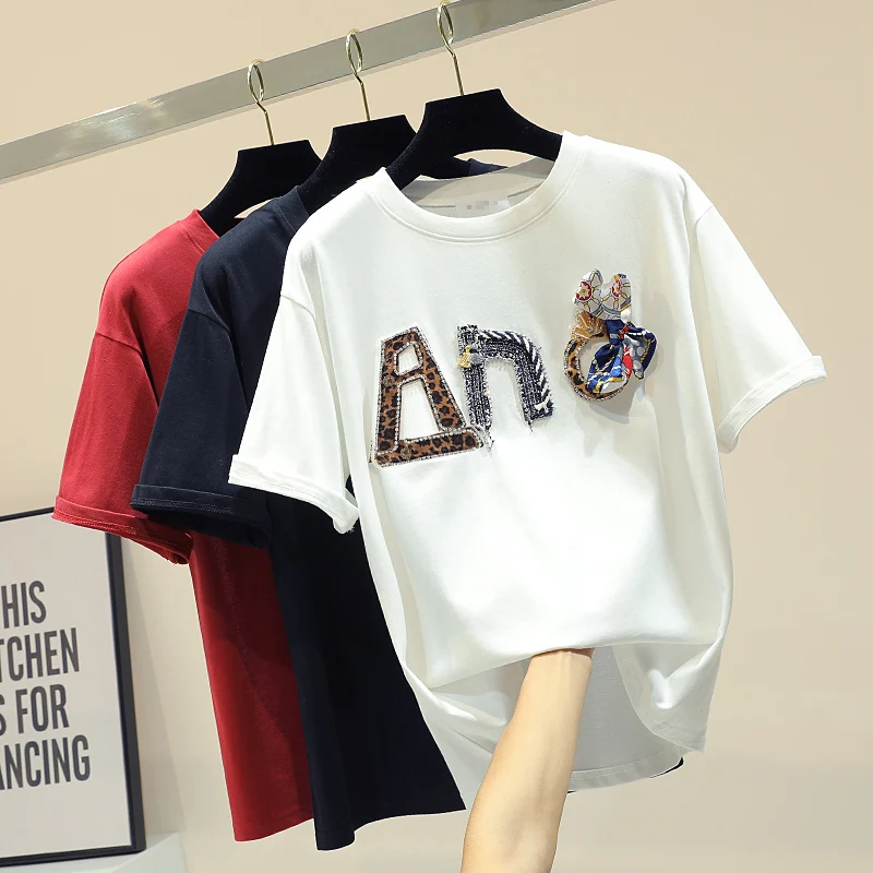 2019 специальное предложение хлопковая Футболка с круглым вырезом и аппликацией в