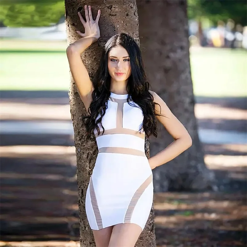 2020 New Arrivals Bodycon Sexy Short Bandage Dress Club Summer Sleeveless White Mesh Vestidos Women's Party Dresses Clothing | Женская
