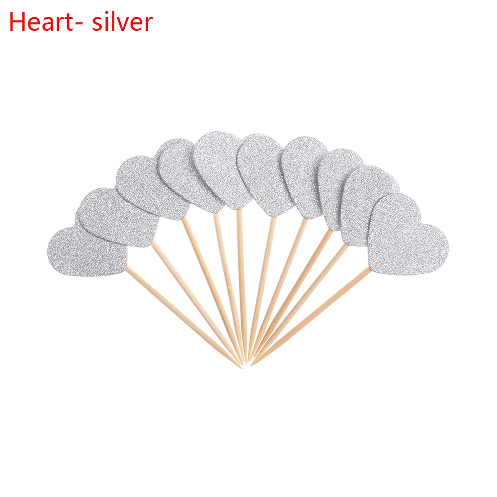 Heart silver 20 шт./лот милый блестящий в форме сердца, звезды, топперы для кексов на день рождения, свадьбу, украшение для торта, топпер для украшения еды - Цвет: Heart silver