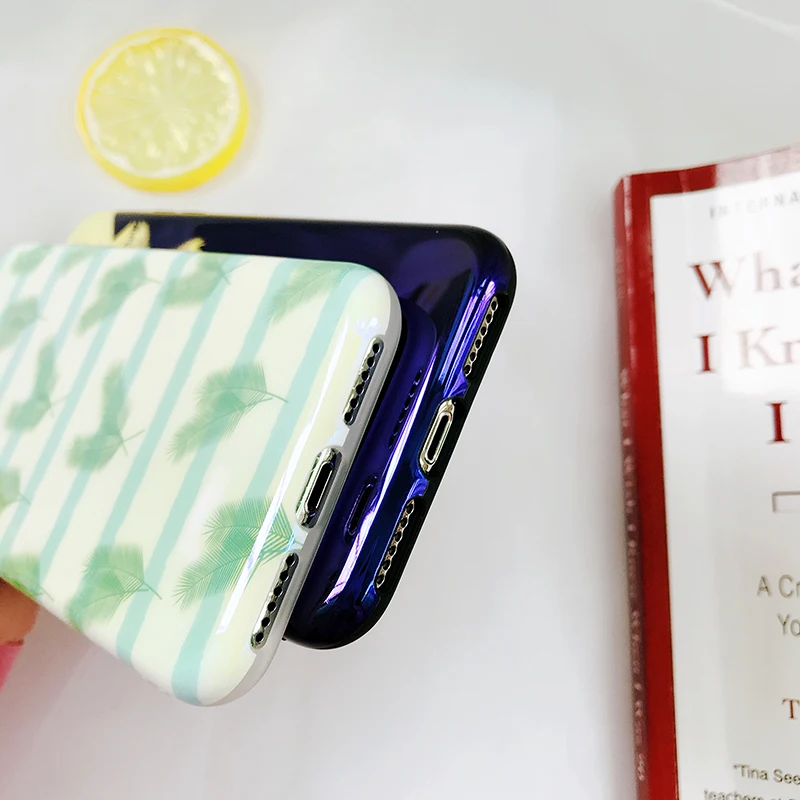 WANGFUZHI случае для iPhone 6 6S 7 8 Plus X черный зеленые листья шаблон чехол с голубой свет