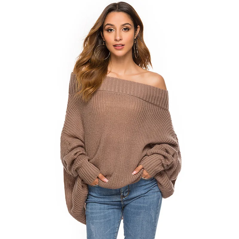 2019 Autumn and Winter Batwing Sleeve Sweater Slash Neck Long-sleeved Pullover Loose Knit Women Clothes C8098 | Женская одежда