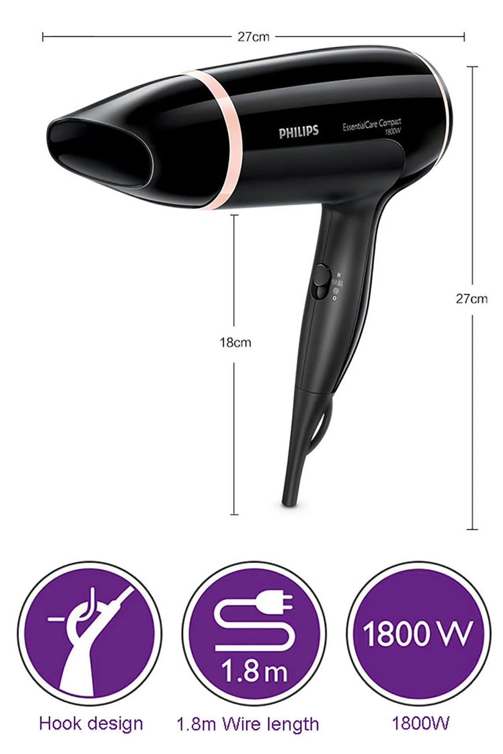 Фен PHILIPS BHD009/05 бытовой фен с высокой мощностью горячего и холодного воздуха 1800 Вт Постоянная температура Уход за волосами 3 шестерни