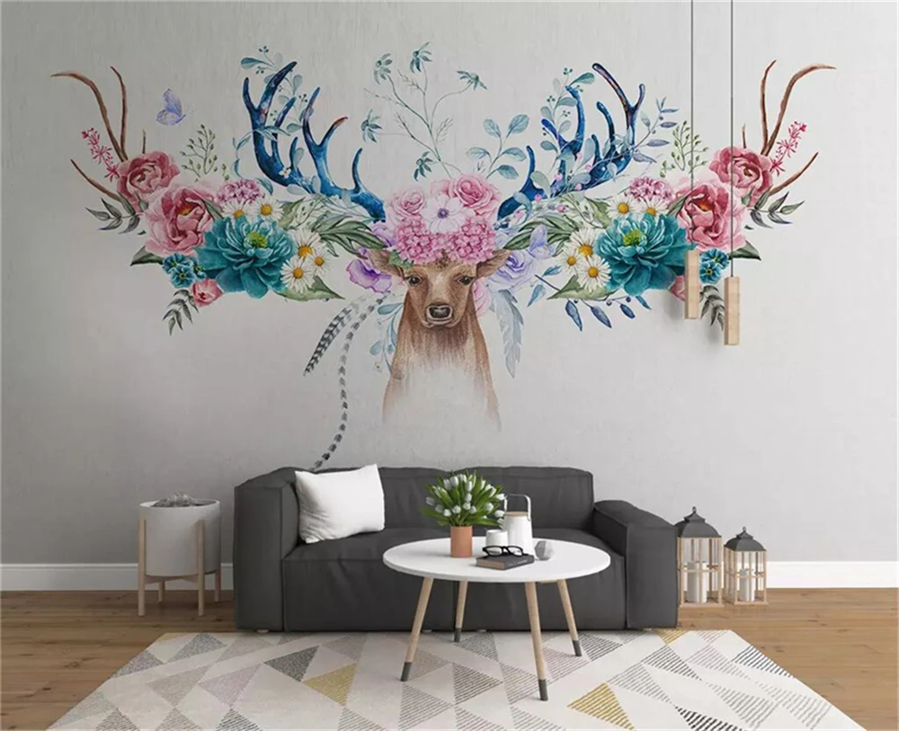 

Decorative wallpaper Simple Flower Deer Head Flower Background Wall