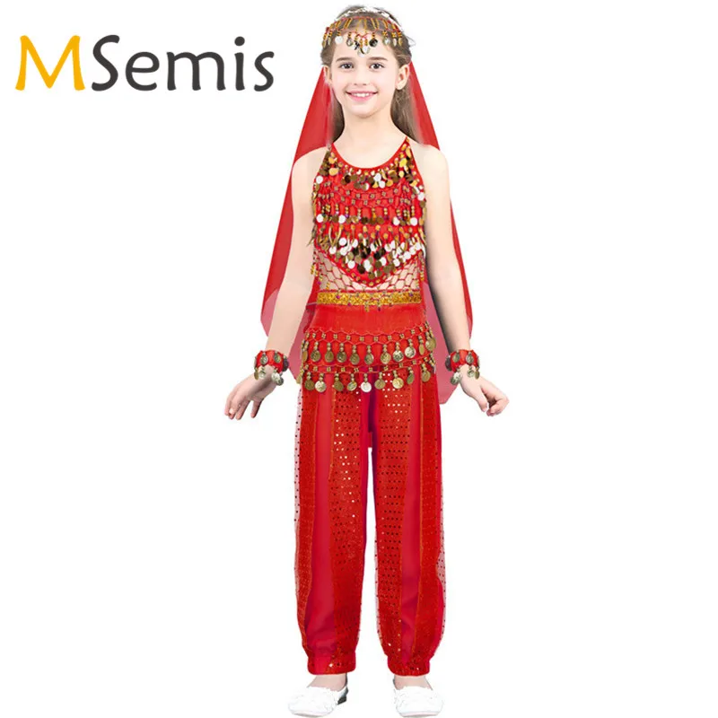 Teen Girls India Belly Dancing Costumes Girl Halloween Cosplay Party Ballet Dress Halter Top with Pants Headwear Waist Chain Set