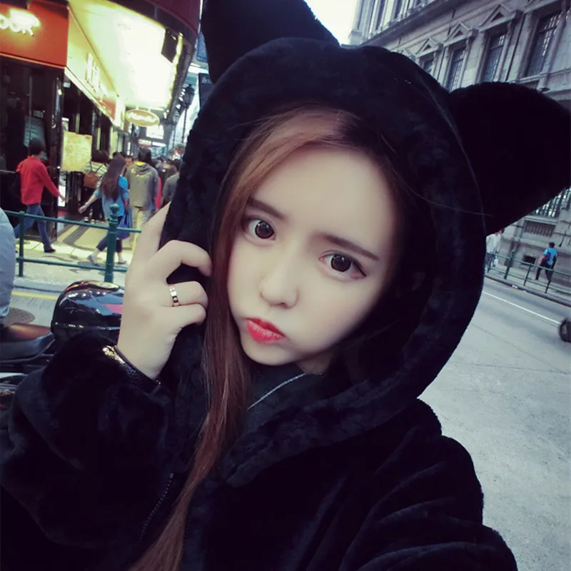 

New Fur Coat Women Mink Fur Coats Female Autumn Winter Warm Bear Ears Hooded Jacket Thick Black Color Outerwear A5059