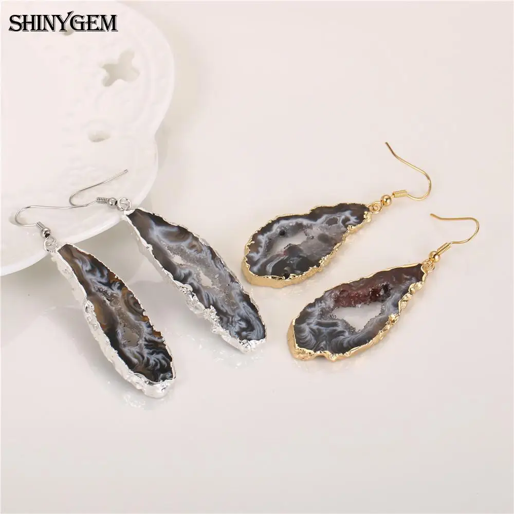 ShinyGem 20-40 мм Роскошный Золотой/Серебряный цвет бразильский неправильный натуральный черный коричневый Агаты ожерелье и серьги Ювелирные наборы для женщин