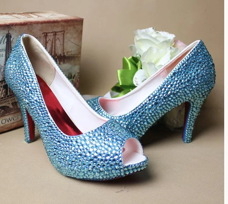 

Sexy Peep Toe Fashion Woman Blue Rhinestone Wedding Shoes High-heeled Bridal Shoes Nightclub Shoes Free Shipping