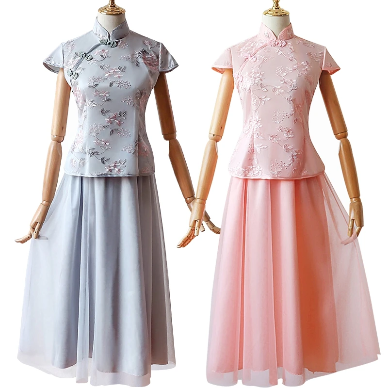 

2 pieces/set Fashion Sleeve Embroidery Vintage Modern Traditional Satin Chinese Dress Qipao Cheongsam Chinese Wedding Dress 99