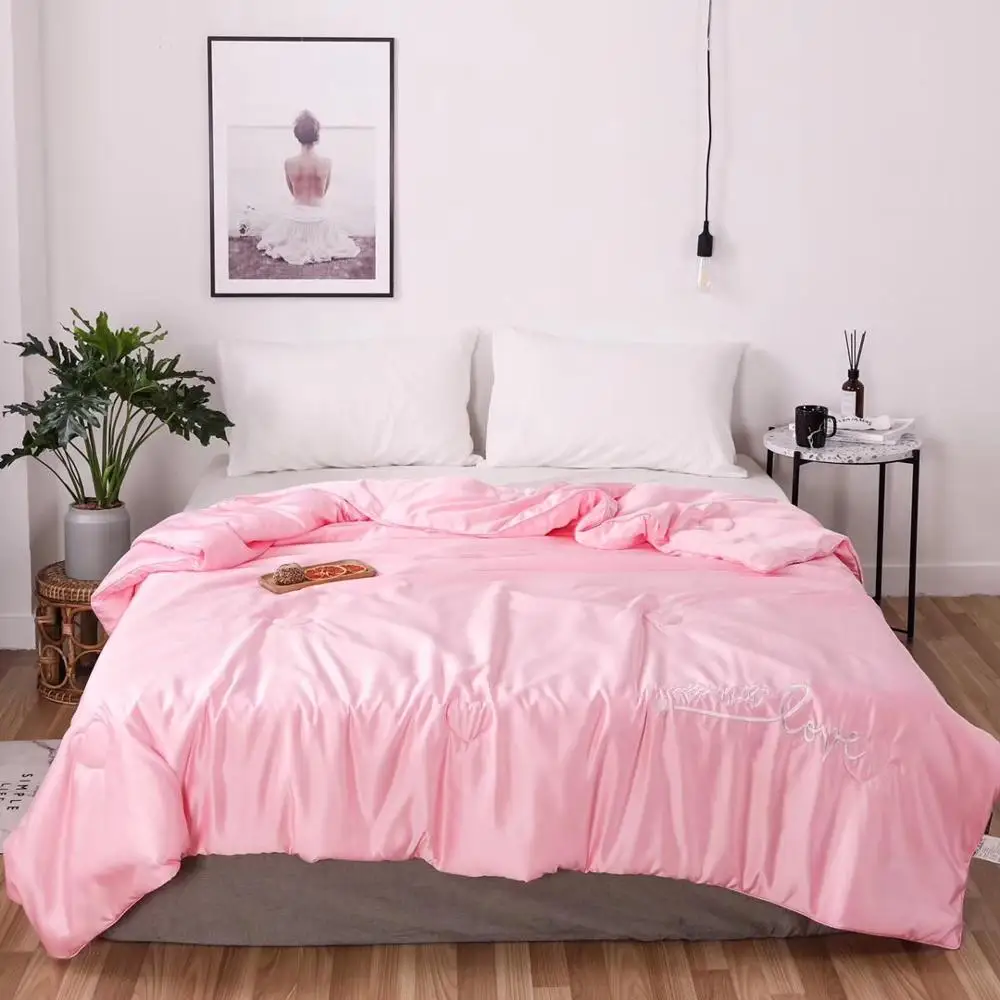 pink embroidery Мытое шелковое летнее одеяло 1 шт. кровать лоскутное одеяло домашняя кровать одеяло серый тонкий плед вышитое покрывало аппликация одеяло - Цвет: pink embroidery