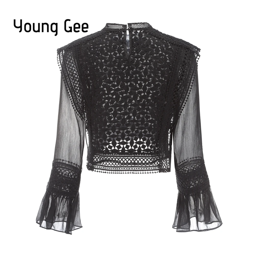 Женская элегантная кружевная блузка Young Gee белая/черная/красная ажурная рубашка с