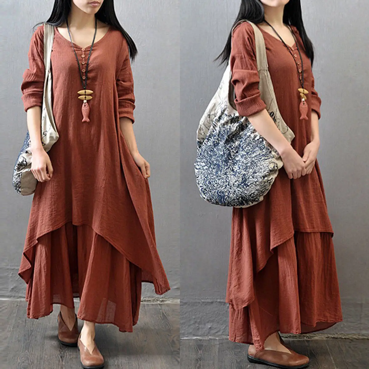 Платье женское хлопково-льняное с длинным рукавом и V-образным вырезом