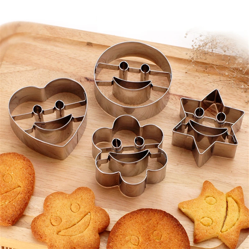 4Pcs/Set Smiling Face Stainless Steel Cookie Cutter Mould Pastry Biscuit Mold Reusable Durable Non-stick Cake Decorating Tools