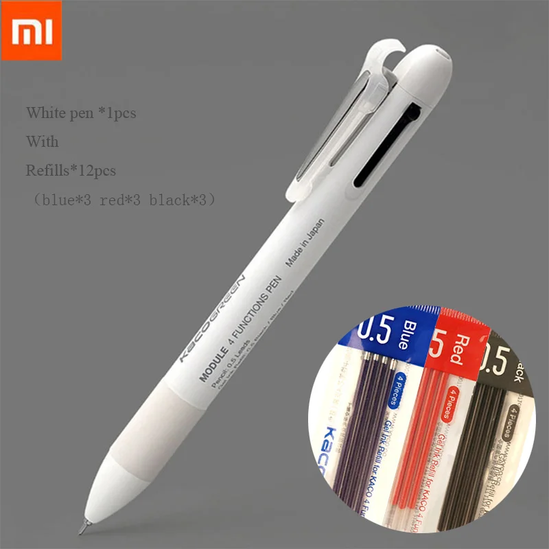 white N refills Xiaomi KACO 4 в 1 многофункциональные ручки 0,5 мм синий красный стержень сменный гелевый карандаш механический карандаш японские чернила Офис школа 2 - Цвет: white N refills