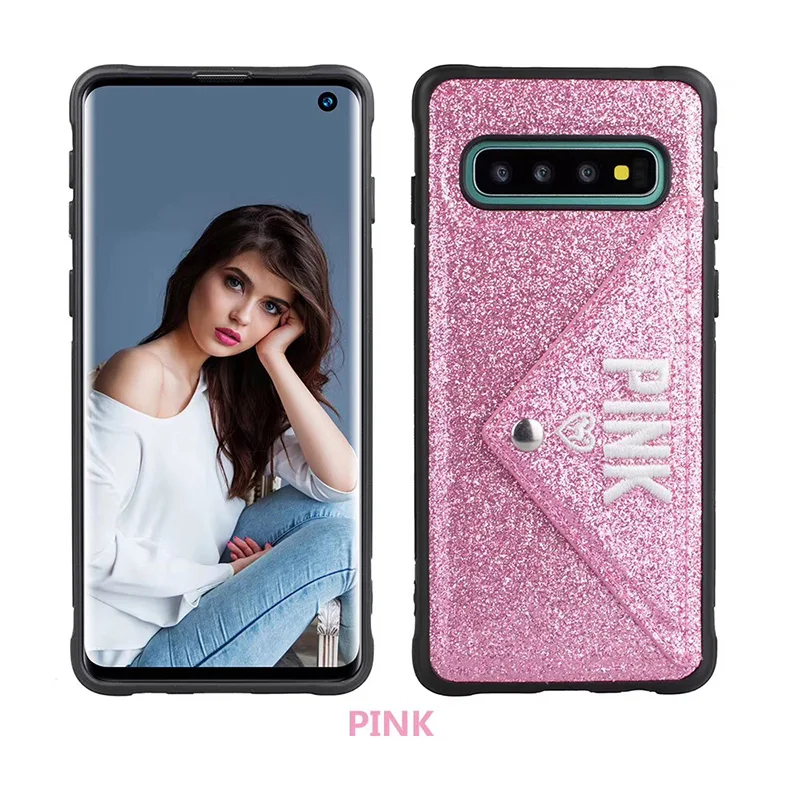 Luxury Brand 3D PINK Letter Women Glitter Phone Case for Samsung Galaxy S8 S9 S10 Plus Note 8 9 Leathe Cover With Card Wallet |