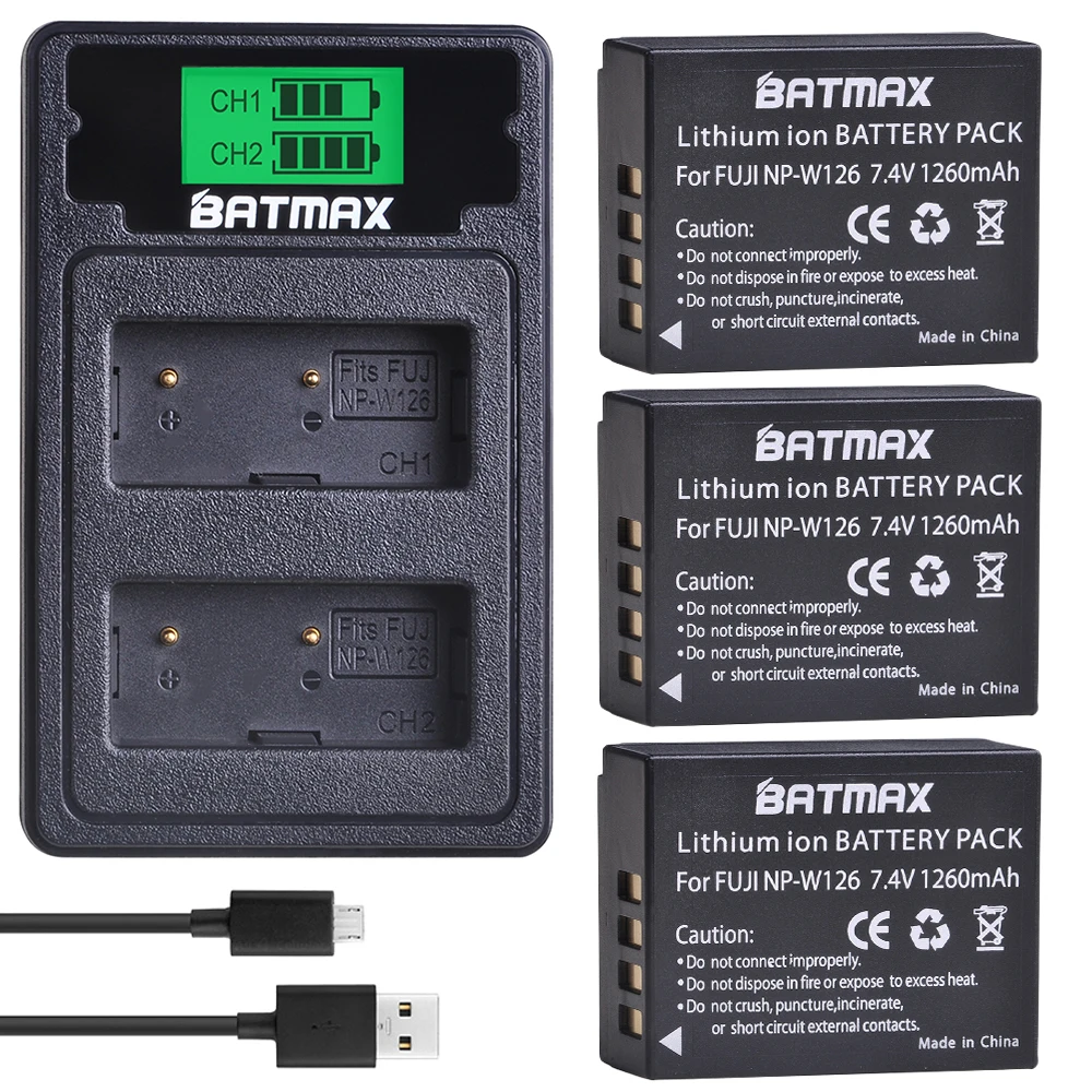 Batmax 3 шт. NP W126 Батарея + ЖК дисплей двойной Зарядное устройство & Тип C Порты и