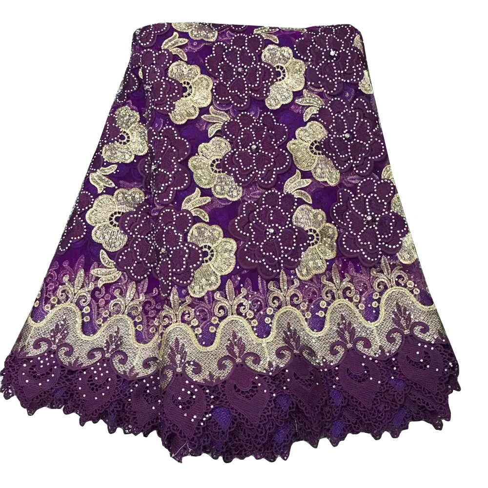 Purple Mix Gold African French Guipure Border Tulle Fabric Embroidery Net Lace With Stones X583-1 | Дом и сад