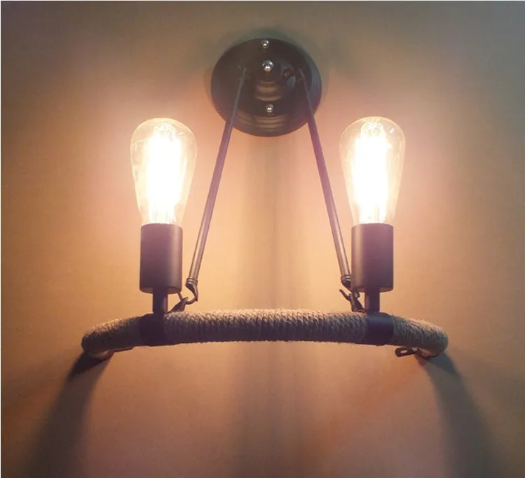 Скандинавский настенный ретро светильник с 2 головками E27 пеньковая веревка