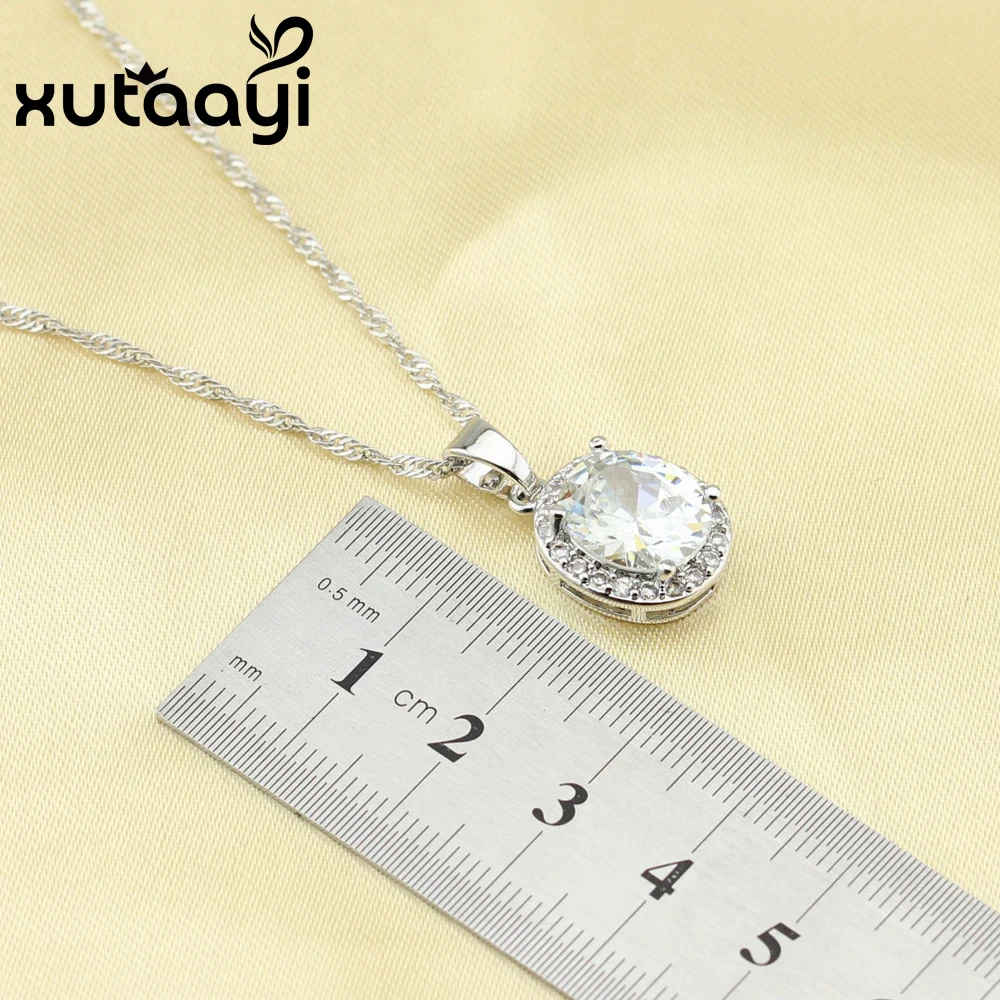 XUTAAYI Jewelry Sets Round White CZ Silver Color For Women Necklace Pendant Bracelets Long Earrings Rings Free Gift Box | Украшения и