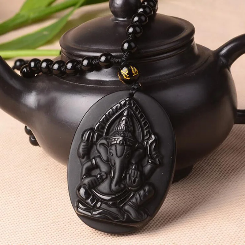 Drop Shipping Hand Carved Obsidian Pendant Black A Lucky Amulet Elephant God Necklace For Men Women With Chain Gift | Украшения и