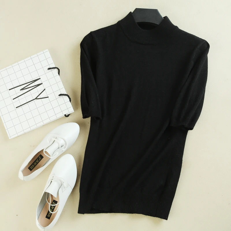 2019 new wool knit short-sleeved female half-high collar thin section Slim large size wild fashion pullover | Женская одежда