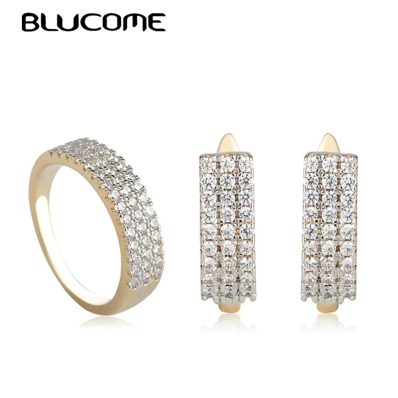 

Blucome New Arrival Zircon Earrings Ring Jewelry Set D Hook Stud Earrings Copper Bijoux Wedding Party Daily Accessories Gifts