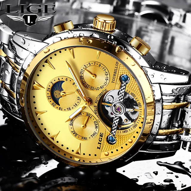 LIGE для мужчин часы Self-Wind Tourbillon механические водостойкий Автоматический Скелет